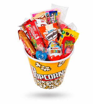 Cubo Pop Corn de golosinas y chocolates