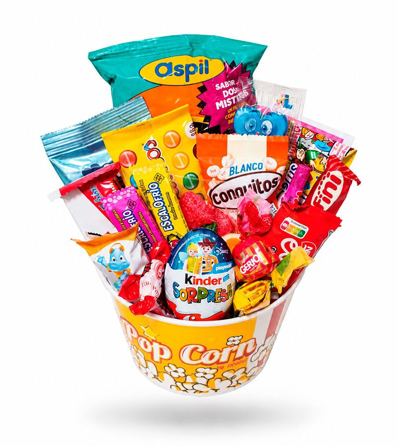Mini Cubo Pop Corn de golosinas y chocolates