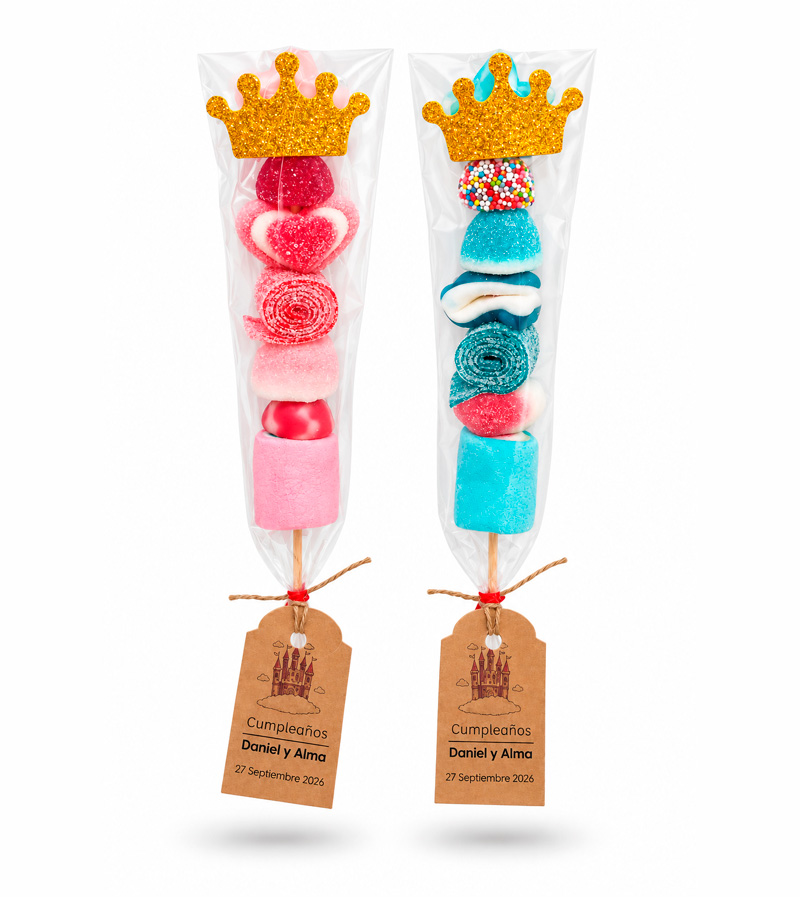 Brochetas de golosinas Príncipes y Princesas - con etiqueta personalizada